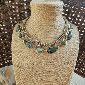 BCBGMAXAZRIA African Jade Color Stone and Woven-chain Collar Necklace